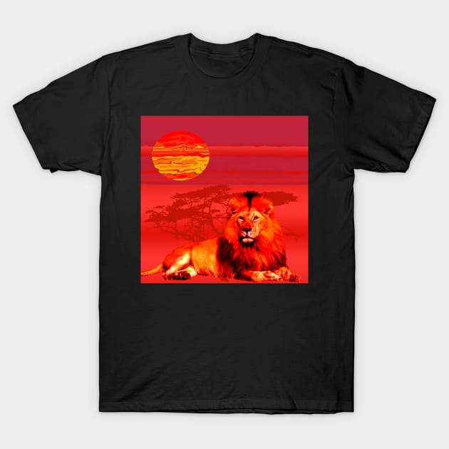 Africa Lions Sunrise Desert Red Gift T-Shirt T-Shirt by gdimido